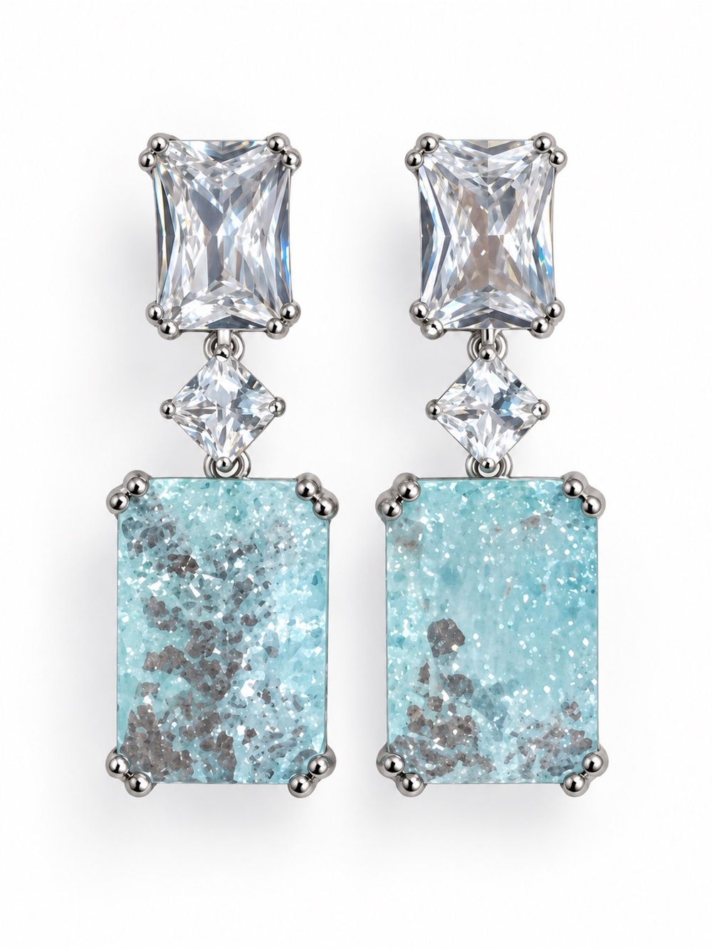 Crushed Aquamarine & Radiant Cut Cz Diamond Drop Earrings